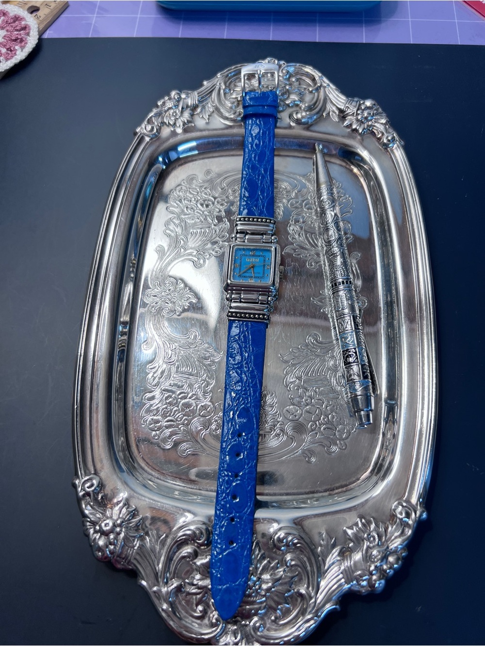 Ecclissi Sterling Silver Blue Leather Strap Women's Watch